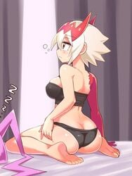 2girls ass_cleavage bed blush bra butt_crack cougar1404 dat_ass dragon dragon_marked_for_death empress_(dmfd) horns implied_sex inti_creates kneeling large_breasts morning_after multiple_girls offscreen_character panties red_eyes short_hair sleeping white_hair witch_(dmfd) witch_hat yuri