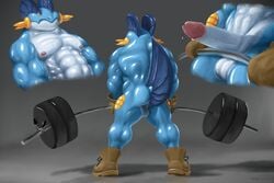 1boy 3:2 abs absurd_res anthro anthrofied bara barbell biceps bodily_fluids boots boots_only clothing dino_(tjloog) erection exercise footwear footwear_only genital_fluids gloves grey_background handwear hi_res humanoid humanoid_genitalia humanoid_penis leather male male_only mostly_nude multiple_angles muscular nintendo nipples original_character pecs penis pokémon_(species) pokemon pokemon_rse pokemorph precum shoes shoes_only simple_background solo swampert sweat testicles tjloog veins video_games weightlifting weights wide_stance workout