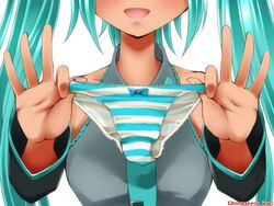 1girls clothed clothing dr_rex female gift green_eyes green_hair hatsune_miku holding_object holding_panties necktie open_mouth panties shirt smile smiling solo striped_panties stripes tan tanned twintails vocaloid