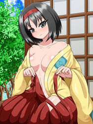 1girls bad_censor big_breasts black_hair censored covered_nipples covering erika_(pokemon) erika_(pokemon_frlg) female female_only hakama human nintendo pokemon pokemon_rgby short_hair solo solo_female solo_focus yensh