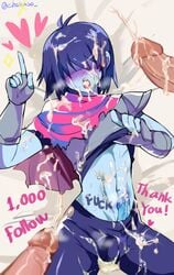 blue_skin chokaso cum_on_body deltarune femboy hair_over_eyes kris_(deltarune) male male_only midriff penis pulling_shirt writing_on_body writing_on_skin