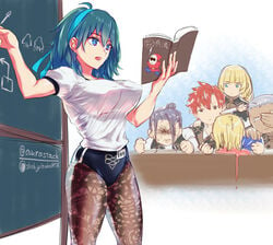 2girls 4boys aurastack bloomers blue_eyes buruma byleth_(fire_emblem) byleth_(fire_emblem)_(female) classroom dedue_molinaro dimitri_alexandre_blaiddyd felix_hugo_fraldarius fire_emblem fire_emblem:_three_houses gym_clothes gym_uniform ingrid_brandl_galatea large_breasts nintendo nosebleed pantyhose sylvain_jose_gautier teacher teaching teal_hair tight_clothing white_shirt