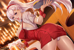 1futa ass azur_lane back_view backsack ball_bulge balls balls_under_clothes belfast_(azur_lane) belfast_(piping-hot_perfection)_(azur_lane) breasts bulge cleavage clothed clothing curvy exlic exposed_balls_hidden_shaft full-package_futanari fully_clothed futa_only futanari human large_ass large_breasts looking_at_viewer looking_back pale_skin panties penis_bulge skirt solo standing