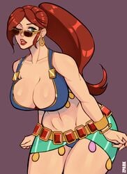 1girls alternate_costume big_breasts breasts cassie_(paladins) cleavage female green_eyes long_hair looking_over_eyewear looking_over_glasses midriff paladins red_hair solo sunglasses sunkissed_cassie thick_thighs thighs tinted_eyewear wide_hips wink zpark