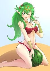 big_breasts bikini breasts deekei fire_emblem fire_emblem_awakening fire_emblem_heroes green_eyes green_hair large_breasts long_hair melon pointy_ears red_bikini swimsuit tiki_(adult)_(fire_emblem) tiki_(adult)_(summer)_(fire_emblem) tiki_(fire_emblem) watermelon wink