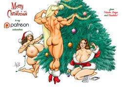 3girls areolae big_breasts charlotte charlotte_fuller christmas christmas_outfit christmas_tree cleavage dcmatthews extreme_muscles female female_only huge_breasts massive_breasts merry_christmas multiple_girls muscles muscular muscular_female naked_justice nipples nude nude_female santa_hat sonya sonya_gannon tetsuko topless