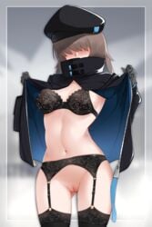 absurdres arknights ass_visible_through_thighs black_bra black_gloves black_headwear black_jacket black_legwear blurry blurry_background blush bottomless bra breasts brown_hair cowboy_shot depth_of_field facing_viewer female garter_belt gloves grey_background hair_over_eyes high_collar highres jacket lace-trimmed_bra lace_trim long_hair long_sleeves medium_breasts navel open_clothes open_jacket pussy reserve_caster_operator_(arknights) reserve_operator_(arknights) skindentation solo stomach thigh_gap thighhighs uncensored underwear undressing unzipped z.taiga