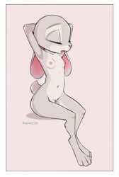 2020 anthro border breasts casual_nudity closed_eyes crotch_tuft disney female flat_chest fur grey_body grey_fur hi_res judy_hopps lagomorph leporid mammal navel nipples nude open_mouth pink_nose pubes pubic_hair qrog rabbit signature simple_background sitting solo tuft white_border zootopia