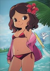 animal_crossing animal_crossing_girl animal_crossing_new_horizons beach bikini blush breasts brown_eyes brown_hair canine cleavage clothed female k.k._slider mob_face muramasa_mikado murana_(muramasa_mikado) navel nintendo only_player red_bikini smile surfboard villager_(animal_crossing)