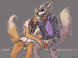 anthro balls blush canid canine canis clothing duo fox fox_mccloud genitals hug humanoid_genitalia humanoid_penis licking male male/male male_only mammal nintendo penis star_fox tongue tongue_out topwear video_games vimes_(artist) wolf wolf_o'donnell