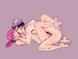 1boy 1boy1girl 1girls black_hair black_hair_male female hand_on_face hand_on_hip hat intimate jojo's_bizarre_adventure jojolion josuke_higashikata_(jojolion) kissing leg_lock legs_around_waist male male/female missionary_position pink_hair pink_hair_female pink_lipstick redraw romantic romantic_couple sailor_hat small_breasts straight traced vaginal_penetration wholesome yasuho_hirose