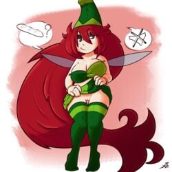 ? baguette betilla_(rayman) daclusia fairy fairy_wings female female_only long_hair nymph_(rayman) presenting_pussy pussy rayman_(series) rayman_origins red_hair signature skirt skirt_lift smile speech_bubble thick_thighs thighhighs wide_hips wings