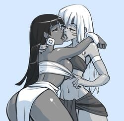 2girls armband atlantis:_the_lost_empire black_hair bracelet brown_eyes chel clothing crossover dark-skinned_female dirtyero_(artist) disney dreamworks earrings french_kiss fringe hime_cut hourglass_figure jewelry kida kissing large_breasts latina multiple_girls native_american necklace petite the_road_to_el_dorado tongue_kiss white_hair wide_hips yuri