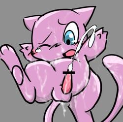 1boy anthro blue_eyes blush censored cumming doneru ejaculation grey_background male male_only mew open_mouth pink_skin pokémon_(species) pokemon pokemon_(species) pokemon_rgby solo tail tears wink