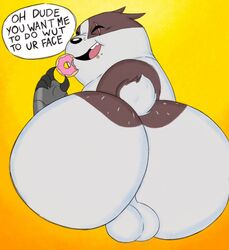 anthro ass backsack badger badgerclops balls big_butt cartoon_network cybernetics cyborg doughnut eating english_text eye_scar filthyopossum food genitals hi_res machine male male_only mammal mao_mao:_heroes_of_pure_heart mustelid musteline overweight overweight_male scar solo text