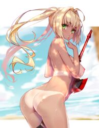 1girls aestus_estus ahoge ass bikini_tan blonde_hair blurry breasts cowboy_shot dark-skinned_female dark_skin day depth_of_field dimples_of_venus eyebrows_visible_through_hair fate/grand_order fate_(series) female female_only finger_to_mouth from_behind hair_intakes high_resolution hip_focus hong_(white_spider) horny large_breasts large_filesize leaning_forward long_hair looking_at_viewer looking_back nero_claudius_(fate) nero_claudius_(swimsuit_caster) nipples nude outdoors outside_border paid_reward parted_lips patreon_reward solo tanline tanlines tanned tied_hair twintails very_high_resolution wet