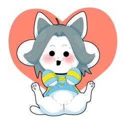 blush cute doneru female grey_hair open_mouth pawpads shirt_lift solo striped_shirt sweat tail temmie undertale white_fur