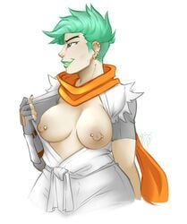 1girls big_breasts clothed clothing flashing genderswap_(mtf) genji genji_(female) gloves green_hair green_lipstick overwatch pierced_ears pierced_nipples piercing puffy_areola rule_63 short_hair smile solo solo_female solo_focus tagme_(artist) young_genji young_genji_(female)