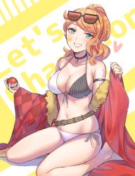 1girls aqua_eyes belt bikini bra breasts cape choker collarbone crown eyewear_on_head female hair_ornament heart heart_hair_ornament holding_poke_ball human human_only looking_at_viewer mini_crown navel nintendo nokataro orange_hair panties pendant_choker poke_ball pokemon pokemon_ss ring seiza smile sonia_(pokemon) string_bikini sunglasses tattoo tattoo_on_face tattooed_arm teeth white_panties