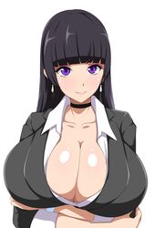 black_hair cleavage dress female huge_breasts jabara_tornado long_hair looking_at_viewer original original_character painted_nails pendant purple_eyes smiling