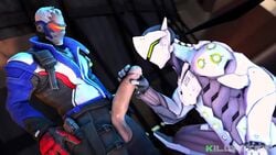 2boys 3d animated armor balls bara big_balls big_penis clothed clothing cybernetics cyborg erection gay genji handjob helmet killystein kneeling male male/male male_focus male_masturbation male_only mask masturbation ninja no_sound overwatch penis penis_out scar sfm short_hair shorter_than_30_seconds shorter_than_one_minute soldier_76 tagme video white_hair yaoi