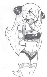 1girls abs arms_behind_back ball_gag bikini blush bondage bound breasts cleavage clothed cynthia_(pokemon) deviantart femsub gag gagged hair_over_one_eye half-closed_eyes human long_hair midriff monochrome nintendo pokemon pokemon_dppt raya100 rope rope_bondage sketch solo thick_thighs wide_hips