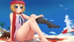 1girls alternate_costume alternate_hairstyle beach blue_eyes blush blushing brown_hair female hat human kuroonehalf nintendo pale-skinned_female pale_skin panties pokemon pokemon_xy serena_(pokemon) short_hair smile text thick_thighs thighs watermark wide_hips