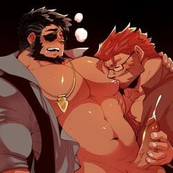 alistair_(juggermelon) balls bara beard big_penis bottomless bottomless_male clothes clothing cum cumming cumshot ejaculation erection eye_patch eyes_closed facial_hair final_fantasy final_fantasy_xiv gay glasses handjob holding_penis juggermelon kokuhane looking_pleasured lucivel_(kokuhane) male_masturbation male_nipples male_only masturbation muscles muscular_male necklace open_mouth open_shirt orgasm_face original_character pecs penile_masturbation penis projectile_cum smoke stroking stroking_cock stroking_penis sucking_male_nipple sucking_pecs