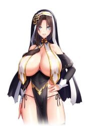 1girls akagi_rio bare_shoulders blue_eyes blush breast_curtains breasts brown_hair cleavage cross elizabeth_mysterante female huge_breasts long_hair looking_at_viewer milk_factory min motto!_haramase!_honoo_no_oppai_isekai_oppai_meido_gakuen! official_art panties revealing_clothes rosary smile solo