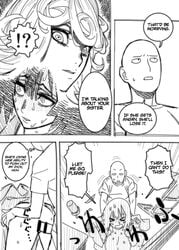 1boy 1girls bald big_breasts black_and_white blush censored closed_eyes dress from_behind fubuki_(one-punch_man) funny hamanasu medium_hair monochrome one-punch_man ripped_clothing saitama sketch speech_bubble surprise surprised sweat tatsumaki text