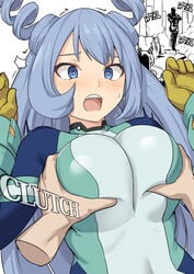 1girls bangs blue_eyes blush bodysuit breast_grab breasts clothed disembodied_hands embarrassed female female_focus female_human gloves grabbing groping groping_through_clothes hadou_nejire hadou_nejire_(hero_outfit) hero_outfit_(mha) human large_breasts light_blue_hair long_hair looking_at_viewer my_hero_academia nejire_hado nejire_hado_(hero_outfit) open_mouth shiseki_hirame simple_background skirt solo_focus superhero_costume superheroine surprised very_long_hair vest