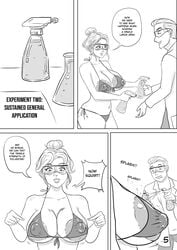 1boy 1girls breast_expansion breasts comic female female_focus giantess huge_breasts just-add-water99 male nipple_bulge science