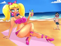 1girls ballerina beach beach_towel big_breasts bikini bikini_bottom bimbo breasts cartoon_network dee_dee_(dexter's_laboratory) dexter's_laboratory drink drinking female heels looking_at_viewer mandark pink_lips pink_panties sand sister sunshine tanline tanlines tanned tanned_skin thiccster