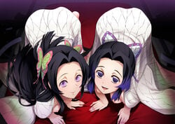 all_fours black_hair breasts butterfly_hair_ornament demon_slayer erect_nipples female female_only haori horny japanese_clothes kimetsu_no_yaiba kochou_kanae kochou_shinobu looking_at_viewer namidate naughty_face nipples purple_eyes sisters smile