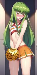 ai_generated c.c. cheerleader cheerleader_outfit cheerleader_uniform clothing code_geass embarrassed female female_only flat_chest green_hair long_hair looking_at_viewer midriff nai_diffusion pom_poms skirt stable_diffusion yellow_eyes