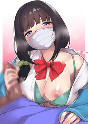 1boy 1girls black_hair blue_eyes blush bow bowtie bra bra_strap breasts censored dark-skinned_male dark_skin female handjob hassu interracial large_breasts light-skinned_female light_skin long_hair looking_at_viewer low-tied_long_hair mask mosaic_censoring mouth_mask nipples nukkoru open_clothes open_shirt penis pov red_neckwear school_uniform scrunchie shirt ssss.gridman surgical_mask towel underwear white_shirt