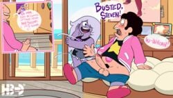 1boy 1girls 2020 amethyst_(steven_universe) bed bedroom black_hair blargsnarf blush cartoon_network clothed clothing cum cum_string ejaculation female gem_(species) hair highres human indoors male masturbation observing open_mouth pants_down penis penis_out pubic_hair purple_hair purple_skin sandals shocked sliding_door sliding_doors smile speech_bubble steven_quartz_universe steven_universe straight surprised sweat teeth testicles text watching web_address