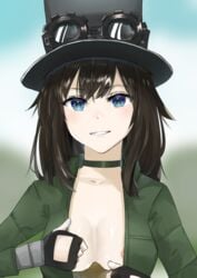 1girls 2d 5_fingers blue_eyes blurred_background blurry_background blush blushing blushing_at_viewer breasts brown_hair choker clavicle cleavage dark_hair detailed_eyes digital_media_(artwork) edit eyebrows eyebrows_visible_through_hair eyelashes eyelashes_visible_through_hair female fingerless_gloves gloves green_clothing hair hair_between_eyes hat hi_res high_resolution highres jacket looking_at_viewer medium_hair neck nipple_peek nipples no_undershirt normal_breasts open_clothes open_jacket reflective_eyes showing_breasts smile smiling smiling_at_viewer standing steampunk steampunker_(terraria) terraria