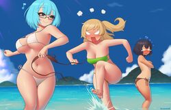 2020 3girls :> ?? angry aqua_hair armpits artist_name back bangs beach bikini bikini_top_removed black_bikini black_hair blonde_hair blue_eyes blush breasts cleavage clothes_thief cloud commission covering covering_breasts crossed_arms crying embarrassed eyebrows_visible_through_hair eyes_visible_through_hair feet female female_only flying_sweatdrops glasses green_bikini highres holding_bikini_top kuroonehalf large_breasts long_hair looking_at_another medium_breasts multiple_girls musical_note navel ocean open_mouth original original_character outdoors partially_submerged paw_print ponytail quaver raised_leg shiny shiny_skin short_hair side-tie_bikini sideboob sky small_breasts smug soles splashing standing sunlight sweat sweatdrop swimsuit swimsuit_thief tan tanline tears thick_thighs thighs toes topless underboob water white_bikini