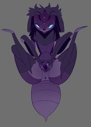 2018 anthro anus arthropod baebot bedroom_eyes bird's-eye_view blue_eyes female full-length_portrait genitals grey_background hi_res high-angle_view insects legs_up looking_at_viewer lumid_(baebot) lying narrowed_eyes nude on_back portrait presenting presenting_pussy purple_body pussy seductive simple_background solo spread_pussy spreading