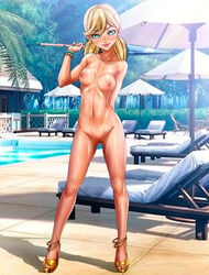 1girls aurore_beaureal blonde blonde_hair blue_eyes breasts foxyart full_body high_heels medium_breasts miraculous_ladybug nipples open_toe_shoes pool poolside pussy solo solo_female tagme umbrella vagina