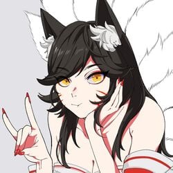 ahri big_breasts black_hair breasts clothed clothes clothing curious cute face_markings fox fox_ears fox_girl fox_tail hiyari hiyari_(hiyarilol) hiyarilol kitsune kumiho league_of_legends makeup multiple_tails nail_polish nails pout red_eyeshadow red_nail_polish red_nails riot_games white_fur white_skin white_tail yellow_eyes