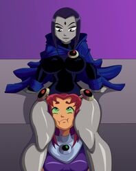 2girls alien_human alien_look_like_human between_thighs clothing dc dc_comics extraterrestrial extraterrestrial_human female female_only rachel_roth raven_(dc) ravenravenraven scissorhold smooth_skin starfire teen_titans thighs young_woman yuri