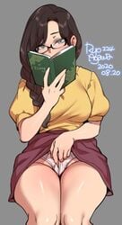 1girls brown_hair clothed_masturbation clothing diary female female_only glasses looking_at_viewer masturbation panties pussy reading ryo_agawa skirt solo upskirt