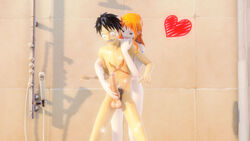 1boy 1girls 3d 3d_(artwork) balls black_hair completely_nude completely_nude_female completely_nude_male female handjob large_penis male monkey_d_luffy nami nami_(one_piece) nude one_piece orange_hair penis post-timeskip pubic_hair reach_around scar shower sleepi4ever tattoo