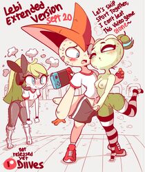 2girls angry animal_genitalia anthro areolae breasts celebi clothed clothing cum dialogue diives female green_skin humanoid jealous meloetta mostly_clothed mostly_nude nintendo nintendo_switch patreon penis penis_grab penis_out pokémon_(species) pokemon pokemon_(species) pussy socks steam stockings striped_legwear sweat text thick_thighs thighhighs twitch_lines vagina victini watermark wide_hips