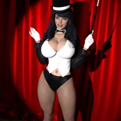 3d big_breasts black_hair cleavage dc dc_comics earrings elyria_steele female female_only fishnet_stockings gloves hoop_earrings looking_at_viewer magic_wand magician magician_hat podium solo zatanna