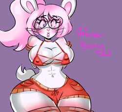 anthro arms_behind_back arms_tied arms_tied_behind_back bikini blush bondage bunny_ears bunny_girl bunny_tail coloured glasses huge_breasts huge_thighs lip_piercing pink_hair pink_nose rabbit rabbit_ears rabbit_humanoid rabbit_tail rope shocked shocked_expression thiccster thiccster_bunny thick tied trixie_bunny white_fur