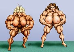 blonde_hair brown_hair dcmatthews extreme_muscles female_only flexing huge_breasts looking_at_viewer massive_breasts muscular_female nude nude_female size_difference sonya sonya_gannon tetsuko