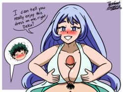 1boy 1girls big_breasts blue_eyes blue_hair blush boku_no_hero_academia boobjob breasts dialogue dress female green_pubic_hair hadou_nejire huge_breasts izuku_midoriya light_blue_hair light_skin long_hair male male/female midoriya_izuku my_hero_academia nejire_hado paizuri penis penis_between_breasts pubic_hair speech_bubble thegreatgreninja titfuck titjob